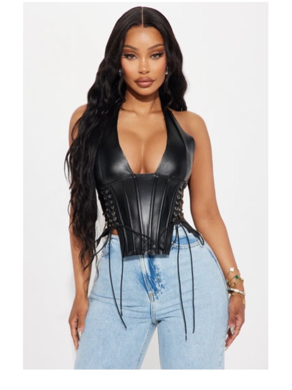 Black Faux Leather Halter Corset Top Y2K Gothic Clubwear